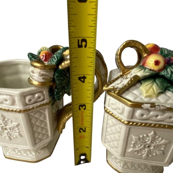 Fitz & Floyd Snowy Woods Vtg Ceramic Creamer & Sugar Set Gold Holiday Christmas - Picture 6 of 9
